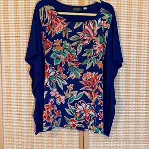 Bob Mackie Wearable Art Womens XL Floral Poncho Top Royal Blue Lagenlook Office